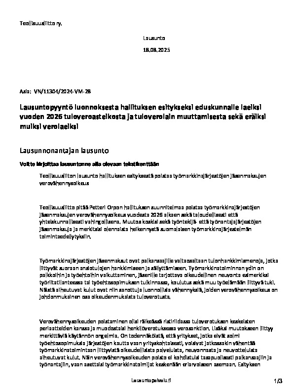 Teollisuusliiton lausunto luonnoksesta hallituksen esitykseksi eduskunnalle laeiksi vuoden 2026 tuloveroasteikosta ja tuloverolain muuttamisesta sekä eräiksi muiksi verolaeiksi